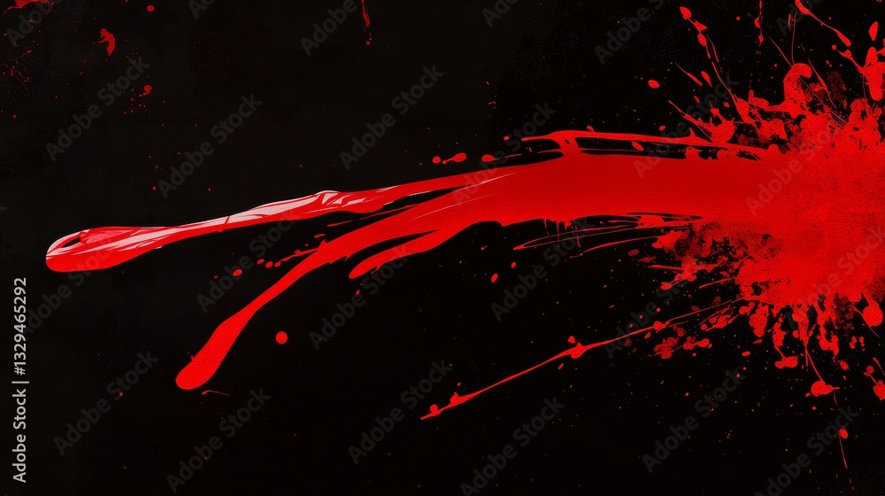 Poster dynamic red paint splatter forming an abstract artistic pattern on a dark black background, creating