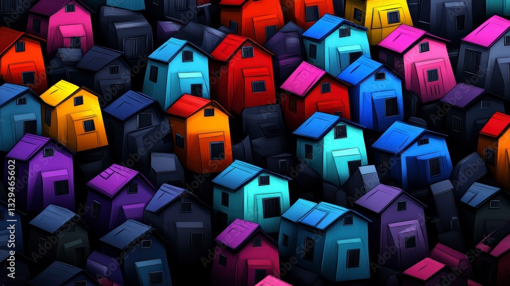 Poster a vibrant and abstract illustration of clustered small houses in various colors creating a visually 