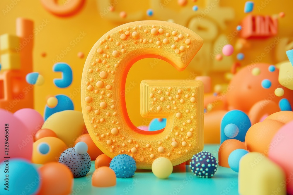 Poster colorful 3d letter g surrounded by vibrant geometric shapes and playful textures in a bright setting