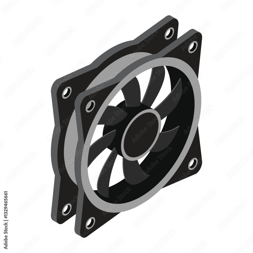 Poster isometric computer fan. computer fan cooler. isometric of pc case fan. computer hardware components.