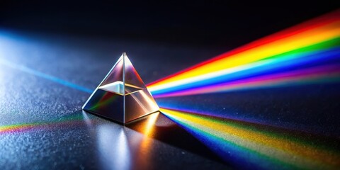 A beam of light shines through a small glass prism on a dark background, creating a miniature rainbow effect