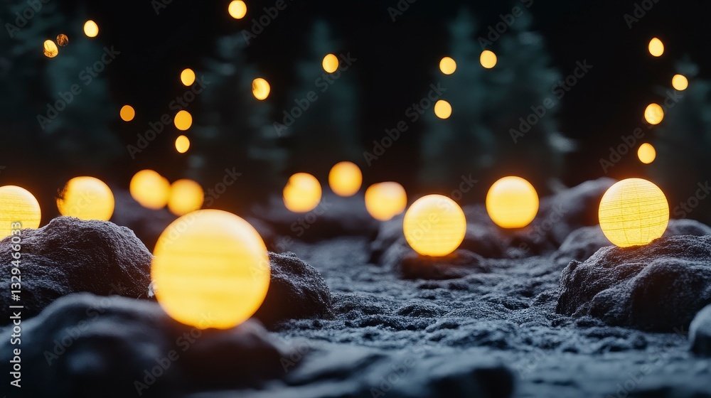 Poster enchanting nighttime landscape with glowing spheres and softly illuminated tree backdrop creating a 