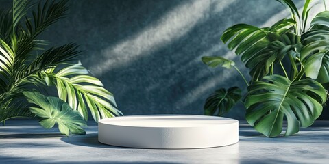 Botanical Elegance: A minimalist stage is artfully arranged amidst verdant tropical foliage, the interplay of light and shadow enhancing the natural aesthetic. 