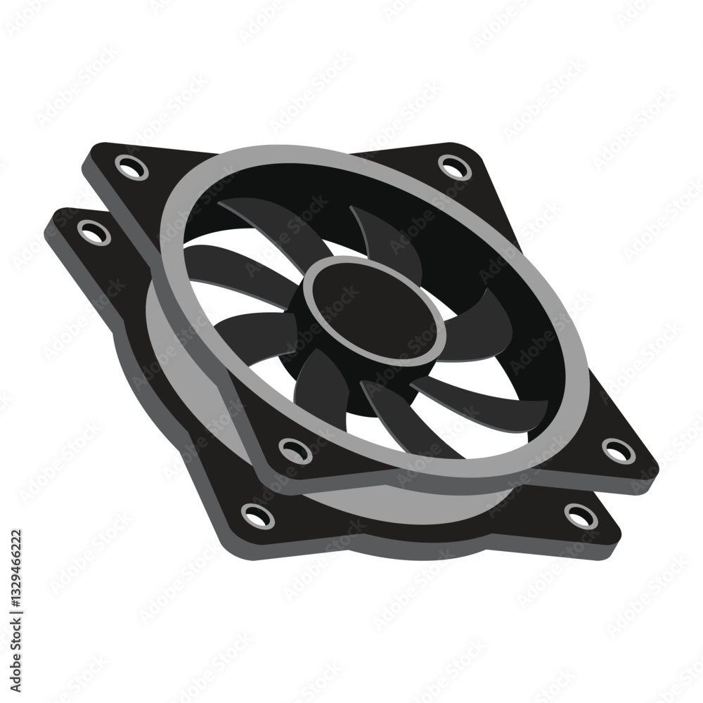 Poster isometric computer fan. computer fan cooler. isometric of pc case fan. computer hardware components.