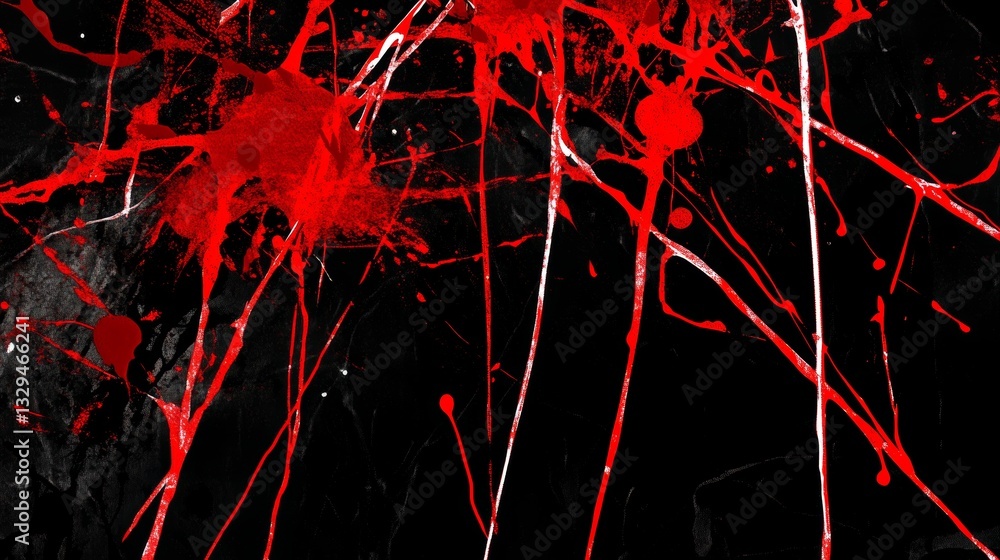 Poster dynamic red paint splatter forming an abstract artistic pattern on a dark black background, creating
