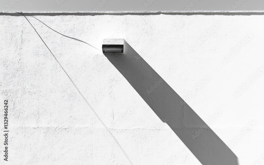 Poster black and white photo of a rectangular light fixture casting a strong diagonal shadow on a textured 