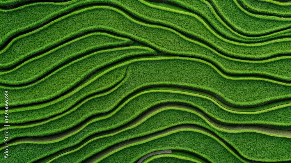 Poster abstract close-up of layered green textures resembling rolling hills or waves in a serene and tranqu