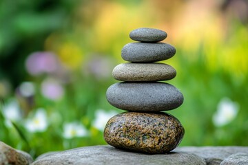Balanced zen stones in tranquil garden setting with blurred nature background