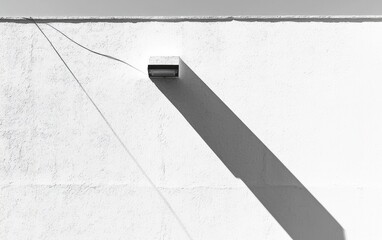 Fototapeta premium Black And White Photo Of A Rectangular Light Fixture Casting A Strong Diagonal Shadow On A Textured White Wall