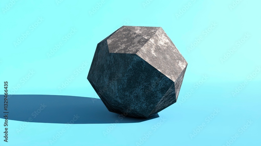 Poster geometric abstract sculpture with a textured surface casting a shadow on a soft blue background