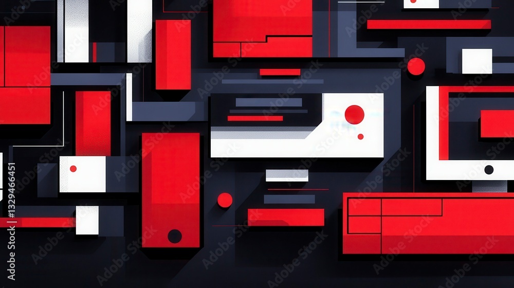 Poster abstract geometric composition featuring bold red and white shapes set against a dark background wit
