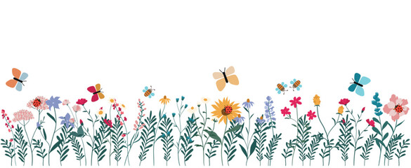 Colorful floral frame with many flowers, grass, ladybugs, butterflies and bees. Flowers in a line at the bottom. Vector illustration