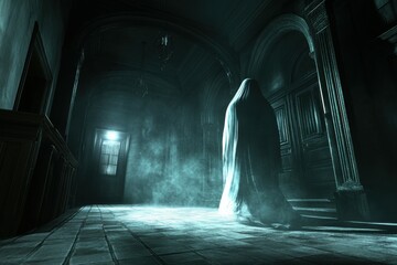 Mysterious ghostly figure in haunted dark corridor with eerie atmosphere