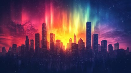 Fototapeta premium Vibrant aurora borealis over illuminated city skyline with reflections