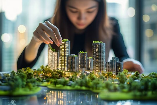 Asian female adult architect designing miniature cityscape with greenery