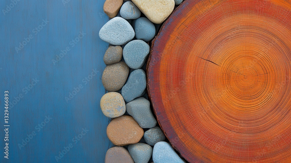 Poster an artistic arrangement of natural elements including a cross-section of a tree trunk and smooth riv