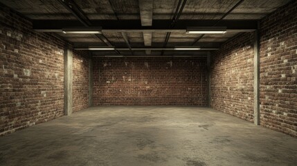 Weathered Brick Garage. 3D Rendering of an Industrial Space with Metal Features and Textured Brown Walls