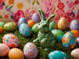 Whimsical Easter scene with green bunnies and colorful decorated eggs on vibrant background