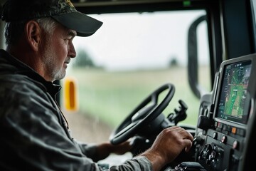 Mature caucasian male operating farm vehicle with advanced gps technology