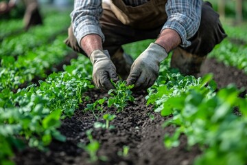 Caucasian male adult gardener tending to green plants in lush garden