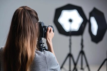 Female photographer capturing studio portraits with professional lighting setup