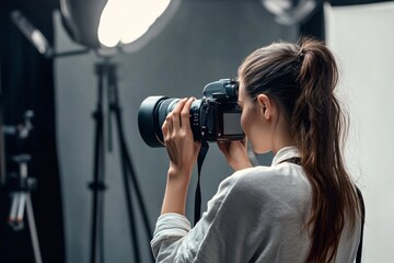 Female photographer in studio setting with professional camera equipment