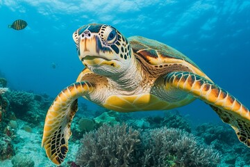 Obraz premium Sea turtle swimming gracefully in vibrant coral reef with clear blue water