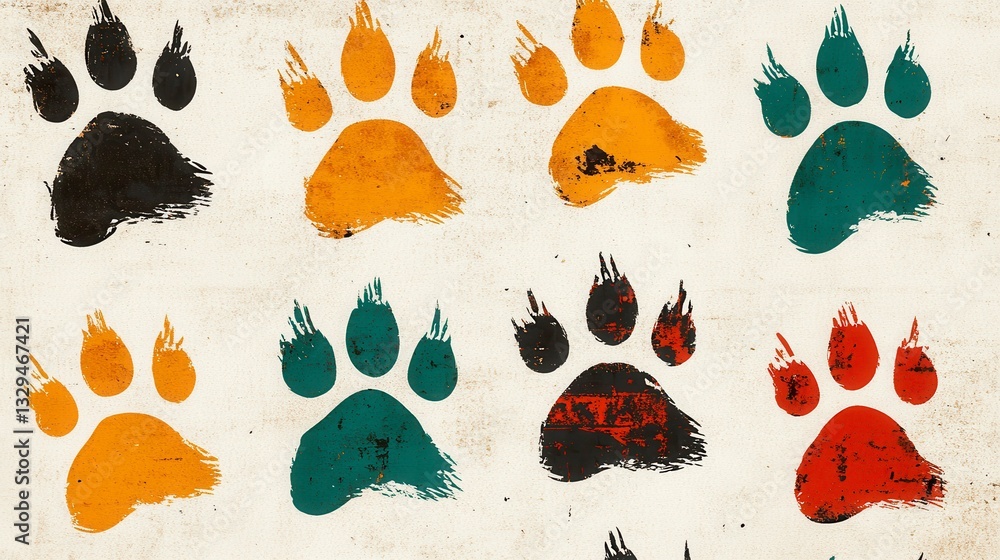 Poster colorful and artistic paw print patterns on a textured background creating a playful and whimsical a
