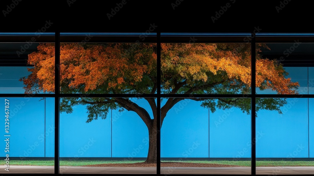 Poster a vibrant autumn tree framed within large windows against a striking blue background in a modern arc