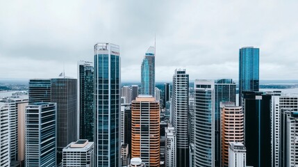 Fototapeta premium A panoramic view of a modern city skyline showcasing a variety of towering skyscrapers under a cloudy sky