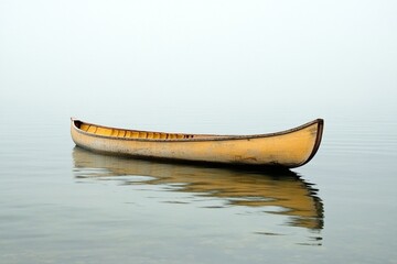 Serene yellow canoe on tranquil water in misty landscape