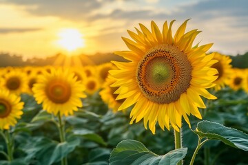 Fototapeta premium Golden sunflower field at sunset with radiant sunlight and vibrant blossoms