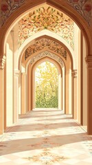 An arched corridor leads to sunlight and flourishing foliage outside