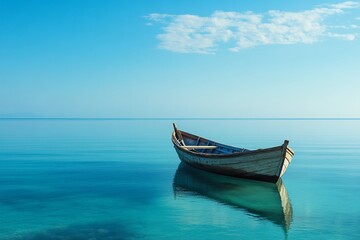 Wooden boat on calm blue sea under clear sky