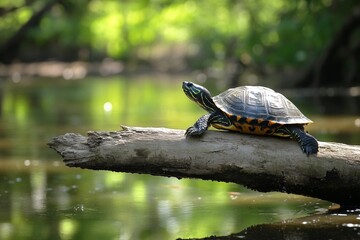 Obraz premium Turtle sunbathing on a log in serene woodland pond