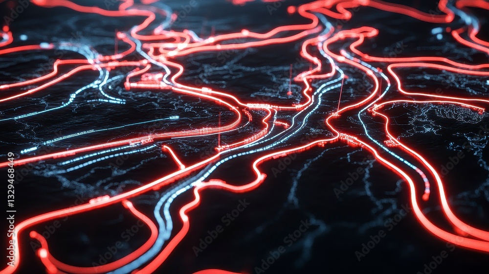 Poster abstract representation of a glowing network of roads and pathways revealing intricate urban plannin