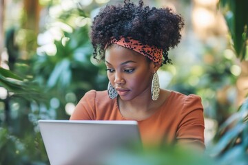 Focused african female adult with laptop in green outdoor setting