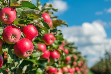 Obraz premium Ripe red apples on orchard trees under a clear blue sky