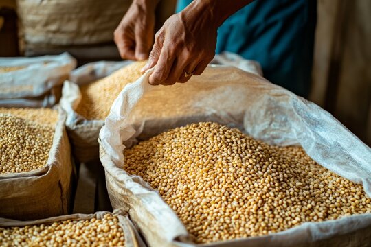 Hands sorting soybeans in sacks for agricultural processing