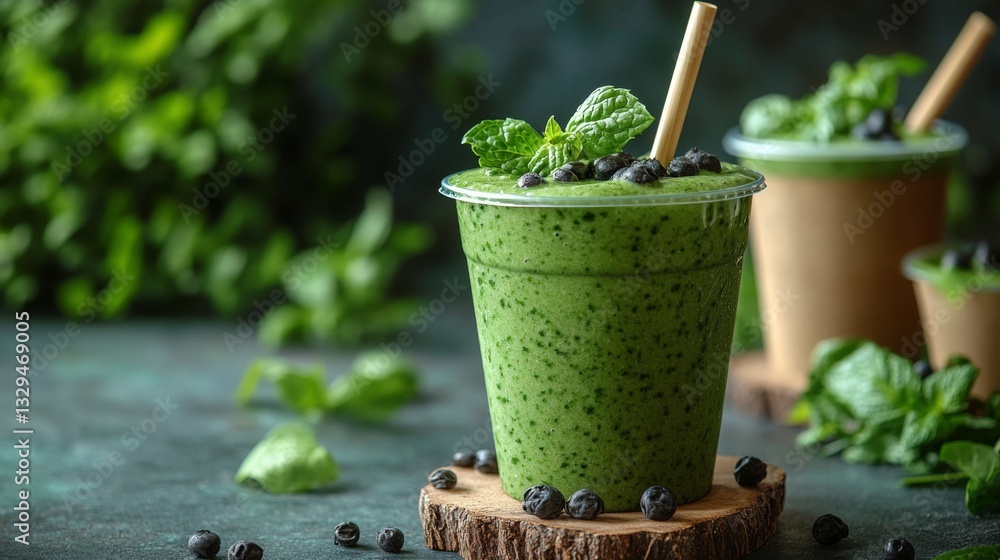 Poster a vibrant green smoothie sits on a wooden slice topped with mint leaves and blueberries. fresh ingre
