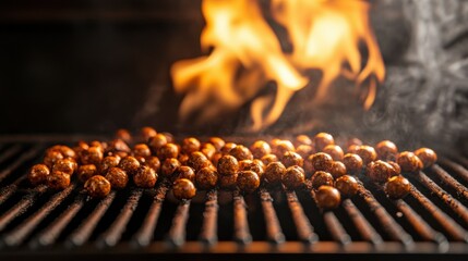Sizzling meatballs grilling over open flame on barbecue grill