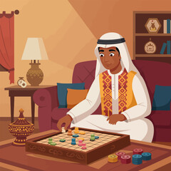 Man Playing Checkers in a Cozy Living Room Setting