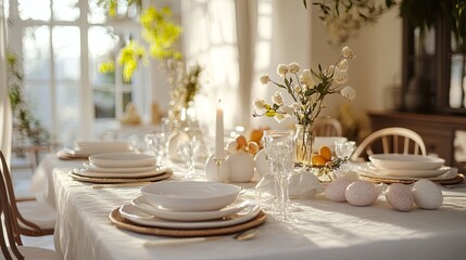 A glowing Easter brunch table styled with light linens and pastel-colored dishes. background