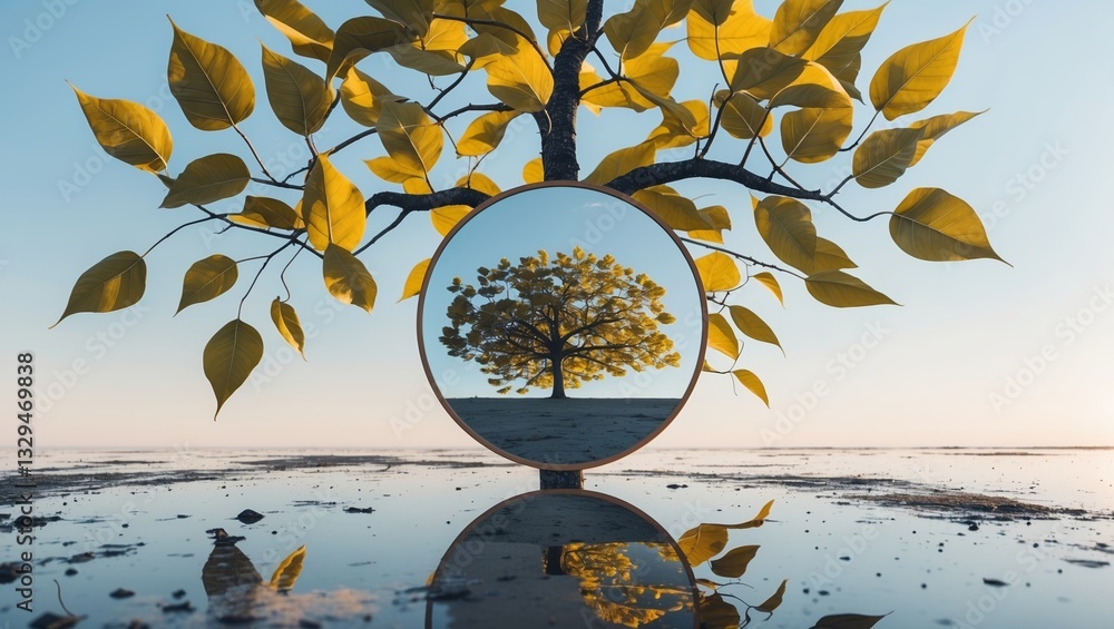Poster reflection of a vibrant tree in a circular mirror at sunset on calm waters evokes serenity and tranq
