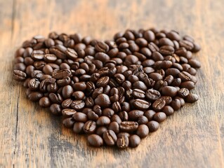 Coffee beans in a heart shape on a wooden surface