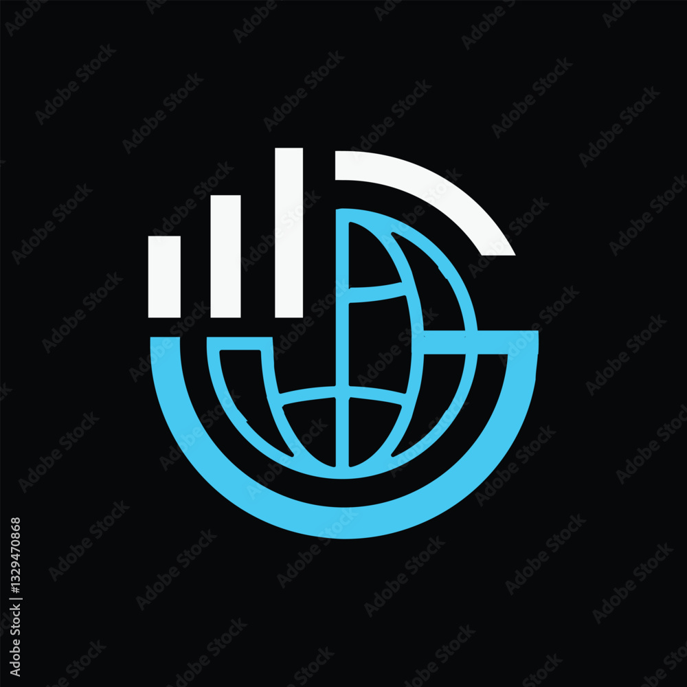 Poster the image shows a flat logo design of an initial letter g in blue color with globe and graph bar tha