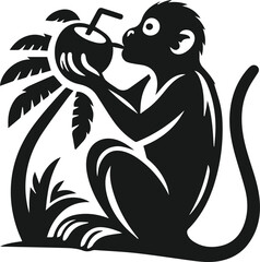 monkey drinking water from a coconut black vector animal silhouette