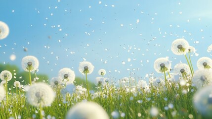 A summer meadow filled with blooming dandelions, with seeds gently blowing in the air