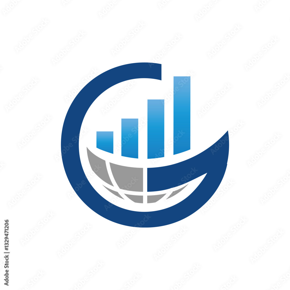 Poster the image shows a flat logo design of an initial letter g in blue color with globe and graph bar tha