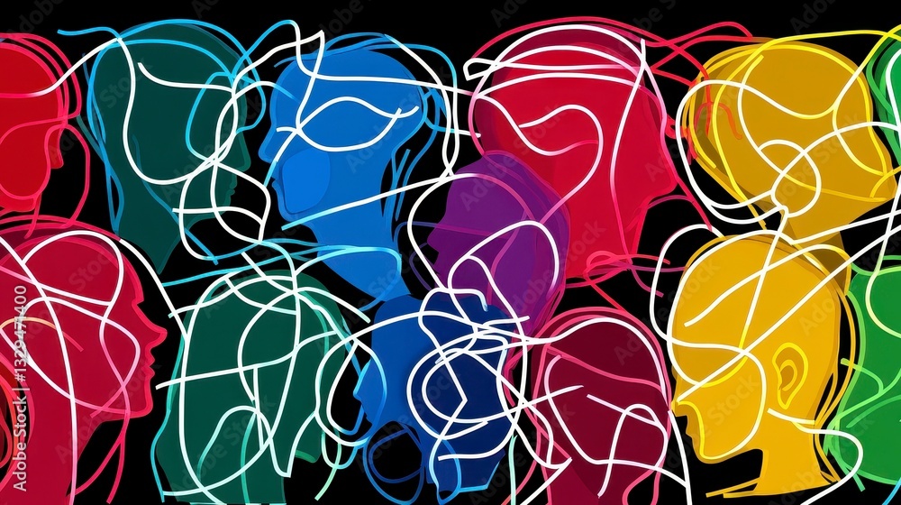 Poster abstract representation of interconnected thoughts and emotions through colorful faces and flowing l